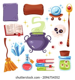 Magic items objects potion bottles esoteric elements isolated set. Vector flat graphic design cartoon illustration