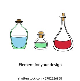 magic items. Magic potions. Bottles with multi-colored witchcraft broths.