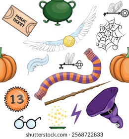 Magic items seamless pattern in cartoon bright style. Witchcraft and sorcery, Esotericism and mysticism, occultism