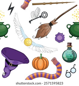 Magic items seamless pattern in cartoon bright style. Witchcraft and sorcery, Esotericism and mysticism, occultism