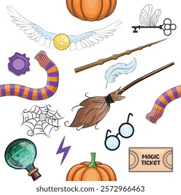 Magic items seamless pattern in cartoon bright style. Witchcraft and sorcery, Esotericism and mysticism, occultism