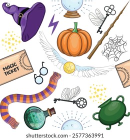 Magic items seamless pattern in cartoon bright style. Witchcraft and sorcery, Esotericism and mysticism, occultism