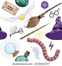 Magic items seamless pattern in cartoon bright style. Witchcraft and sorcery, Esotericism and mysticism, occultism