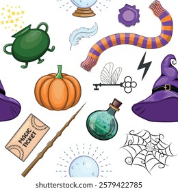 Magic items seamless pattern in cartoon bright style. Witchcraft and sorcery, Esotericism and mysticism, occultism