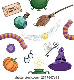 Magic items seamless pattern in cartoon bright style. Witchcraft and sorcery, Esotericism and mysticism, occultism