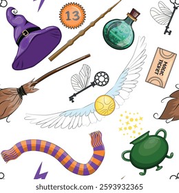 Magic items seamless pattern in cartoon bright style. Witchcraft and sorcery, Esotericism and mysticism, occultism