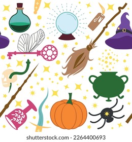 Magic items seamless pattern in flat style. School of Magic. Pumpkin, key, magic ball, feather, spider, hat, broom, skull, snake, goblet, wand, candle, snitch, book, faculty, ticket, cauldron, card