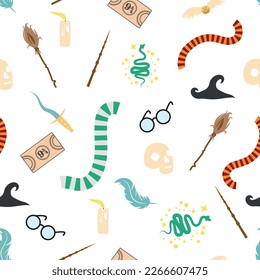 Magic items seamless pattern in flat style. School of Magic. Pumpkin, key, magic ball, feather, spider, hat, broom, skull, snake, goblet, wand, candle, snitch, book, faculty, ticket, cauldron, card