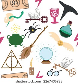 Magic items seamless pattern in flat style. School of Magic. Pumpkin, key, magic ball, feather, spider, hat, broom, skull, snake, goblet, wand, candle, snitch, book, faculty, ticket, cauldron, card