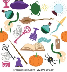 Magic items seamless pattern in flat style. School of Magic. Pumpkin, key, magic ball, feather, spider, hat, broom, skull, snake, goblet, wand, candle, snitch, book, faculty, ticket, cauldron, card
