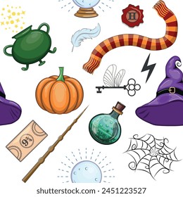 Magic items seamless pattern in flat style. School of Magic. Pumpkin, key, magic ball, feather, spider, hat, broom skull snake