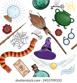 Magic items seamless pattern in flat style. School of Magic. Pumpkin, key, magic ball, feather, spider, hat, broom skull snake