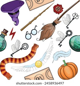 Magic items seamless pattern in flat style. School of Magic. Pumpkin, key, magic ball, feather, spider, hat, broom skull snake