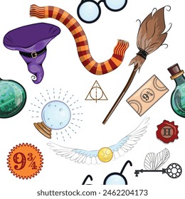 Magic items seamless pattern in flat style. School of Magic. Pumpkin, key, magic ball, feather, spider, hat, broom skull snake