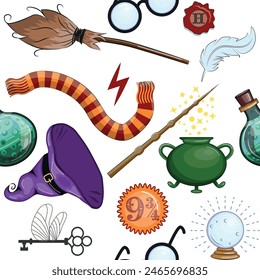 Magic items seamless pattern in flat style. School of Magic. Pumpkin, key, magic ball, feather, spider, hat, broom skull snake