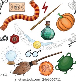 Magic items seamless pattern in flat style. School of Magic. Pumpkin, key, magic ball, feather, spider, hat, broom skull snake