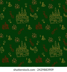 Magic items seamless pattern in hand draw style on green background. School of witchcraft. Castle, letter. poison, scroll.