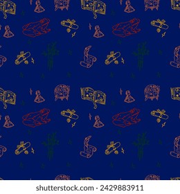Magic items seamless pattern in hand draw style on blue background. School of witchcraft. Mandrake, poison, spell book, scroll, frog.