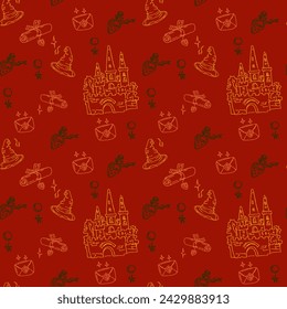 Magic items seamless pattern in hand draw style. School of witchcraft. Castle, letter. hat, moon, poison, scroll.