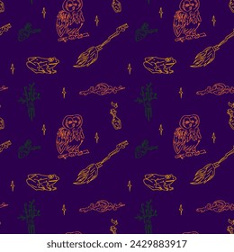 Magic items seamless pattern in hand draw style on violet background. School of witchcraft. Owl, moon, broom, mandrake, frog, poison.