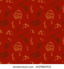 Magic items seamless pattern in hand draw style on rad background. School of Magic. Wand, cauldron, frog, poison, scroll.