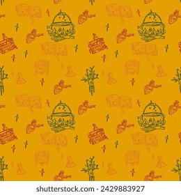 Magic items seamless pattern in hand draw style on yellow background. School of witchcraft. Mandrake, cauldron, poison, spell book.