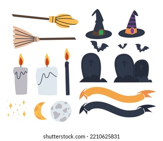 Magic items for a young witch. Hat, moon and candles with tombstones. Flat vector illustration. Eps10