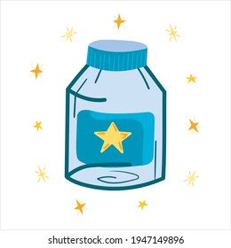 Ein magisches Glas mit einem Stern im Inneren und funkelnden Sternen, einzeln auf weißem Hintergrund. Vektorgrafik für Kindergrußkarten, Drucke auf T-Shirts, Schlafanzüge, Verpackungen
