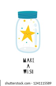 Magic jar with a star inside. Vector illustration with the inscription Make a wish. Perfect for Christmas greeting cards design.