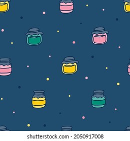 magic jars pattern. magic bottles pattern. jam jars seamless pattern. Fruit jam background. Seamless pattern for labels,wrap,cover,flyers, textile,wrapping paper.Use for fabric, gift wrap, packaging