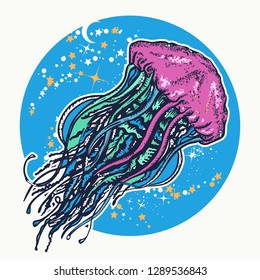Magic jellyfish floats in deep space tattoo and t-shirt design. Symbol of wandering, deep sea, travel, meditation 