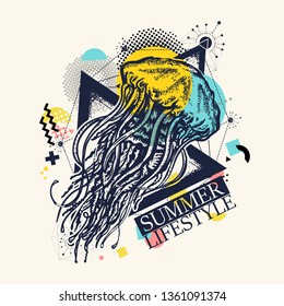 Magic jellyfish zine culture style. Summer lifestyle slogan. Hand drawn vector art, fashion contemporary collage 