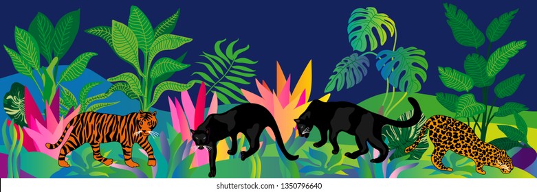 Magic jungle world. Vector border with tiger, leopard, panthers and tropical plants on dark background. Trendy design for wall decor, cards, books and textile.