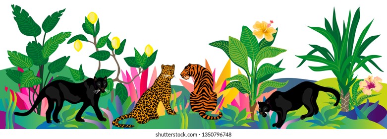 Magic jungle world. Vector border with tiger, leopard, panthers and tropical plants on white background. Trendy design for wall decor, cards, books and textile.