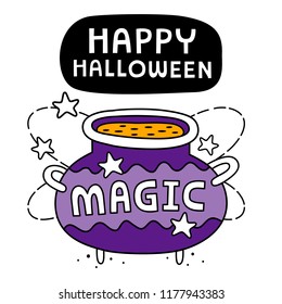 Magic kettle with poison. Halloween background. Doodle style