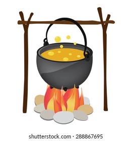 Magic kettle with yellow poison, spoon hanging over fire vector illustration. Cauldron. Pot vector