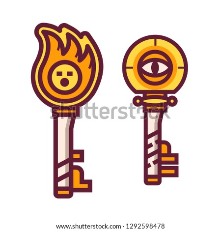 Magic key fantasy RPG item icon. Gaming asset clue icon. Golden magical chest key.
