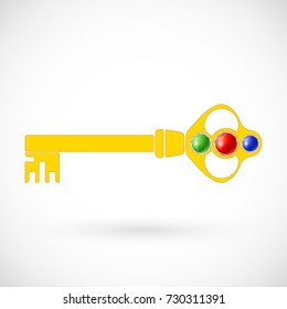 Magic key icon. Antique golden key with precious stones. Vector illustration.