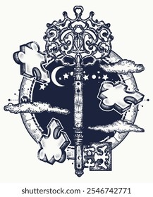 Llave mágica y rompecabezas. Tatuaje. Símbolo de conocimiento sagrado, búsqueda espiritual, educación, autodesarrollo. Estilo de geometría sagrada