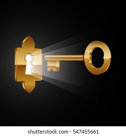 Magic Key And Keyhole With Light, Vector Illustration