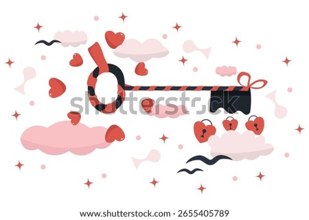 Magic Key to Love with Heart Padlocks Among Clouds. Flying Key and Sweet Hearts with lock