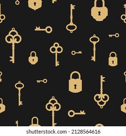 Magic Keys With Vintage Locks. Vector Retro Golden Pattern On Black. Catch Luck, Tint, Hint Concept. Mystery Or Clue Wallpaper. Fairytale, Fantasy Wonderland Background