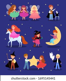 Magic kid in fairytale costume vector illustration. Cartoon cute magician child character princess fairy beautiful dress little wizard witch moon star. Flat sleep sweet dreams fantasy magical children