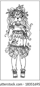 Magic kind creature, fairytale cute cartoon character, tender girl bear with long curly loose hair and round ears, with big eyes and chubby cheeks in flower attire with wreath on head, in full growth.