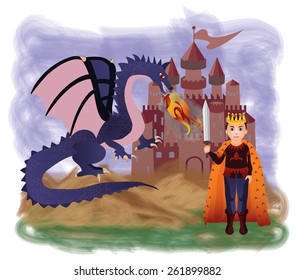 Magic king and dragon, vector illustration