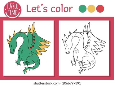 Magic kingdom coloring page for children with dragon. Vector fairytale outline illustration with cute fantasy creature. Color book for kids with colored example. Drawing skills printable worksheet
