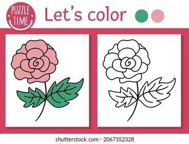 Magic kingdom coloring page for children with rose. Vector fairytale outline illustration with cute pink flower. Color book for kids with colored example. Drawing skills printable worksheet
