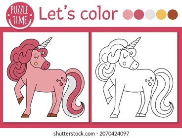 Magic kingdom coloring page for children with unicorn. Vector fairytale outline illustration with cute fantasy creature. Color book for kids with colored example. Drawing skills printable worksheet
