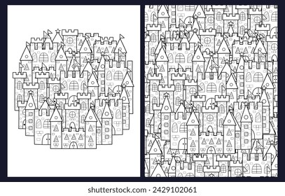 Magic kingdom coloring pages set in US Letter format. Black and white fantasy doodle castles background templates for coloring book. Vector illustration