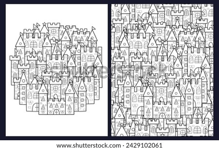 Magic kingdom coloring pages set in US Letter format. Black and white fantasy doodle castles background templates for coloring book. Vector illustration